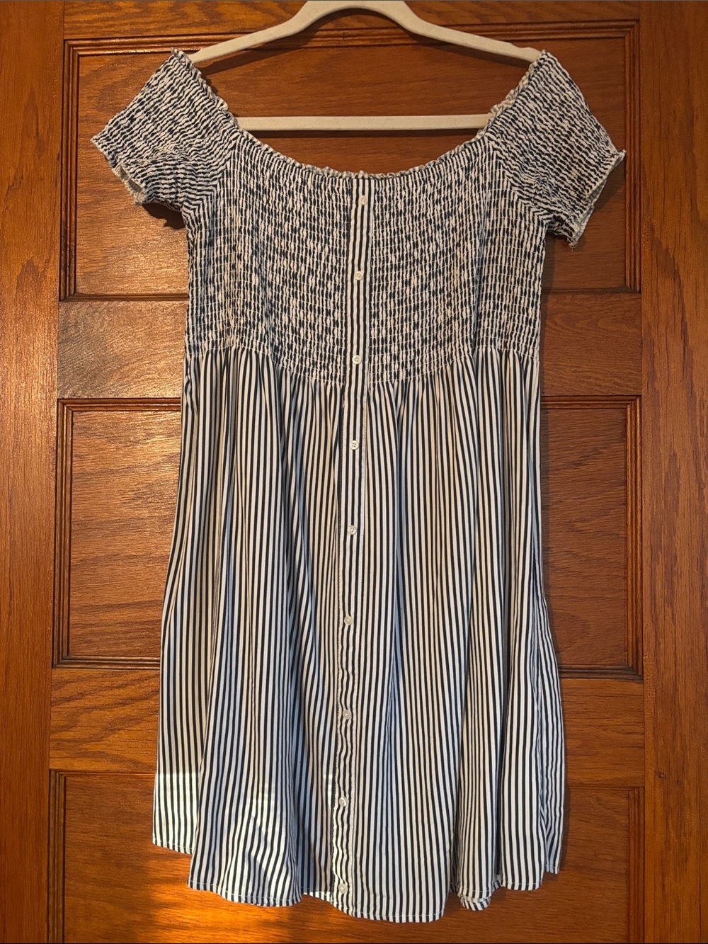 Abercrombie & Fitch Navy and White Striped Off-Shoulder Dress